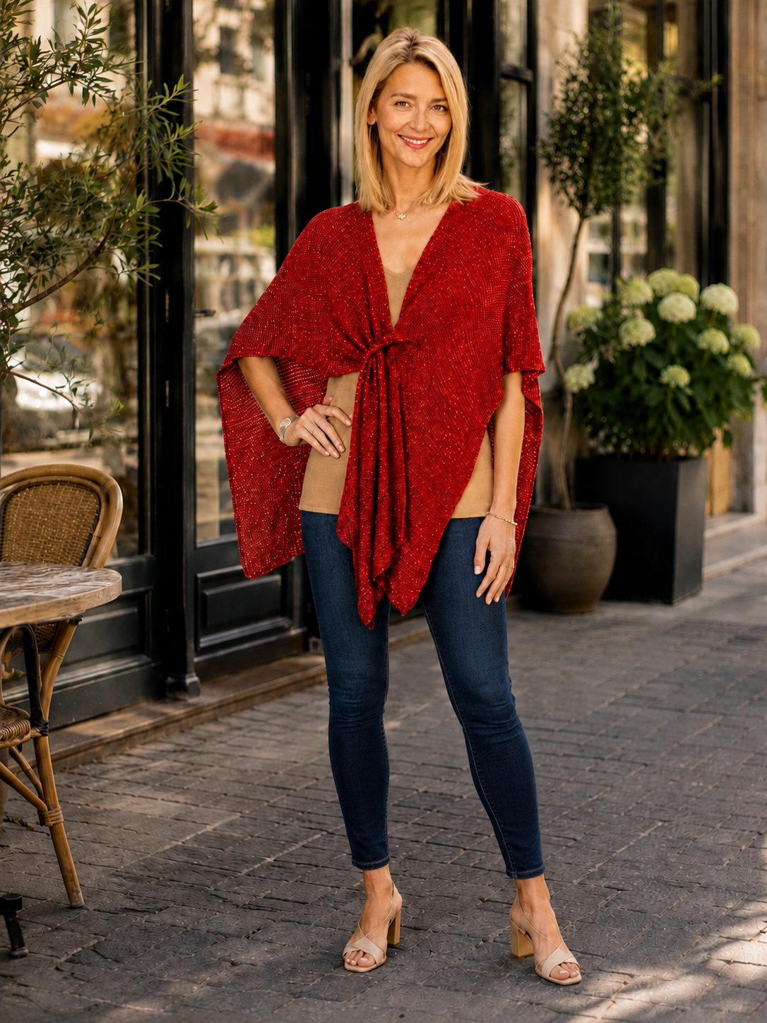 Red Shimmer Tie-Front Poncho