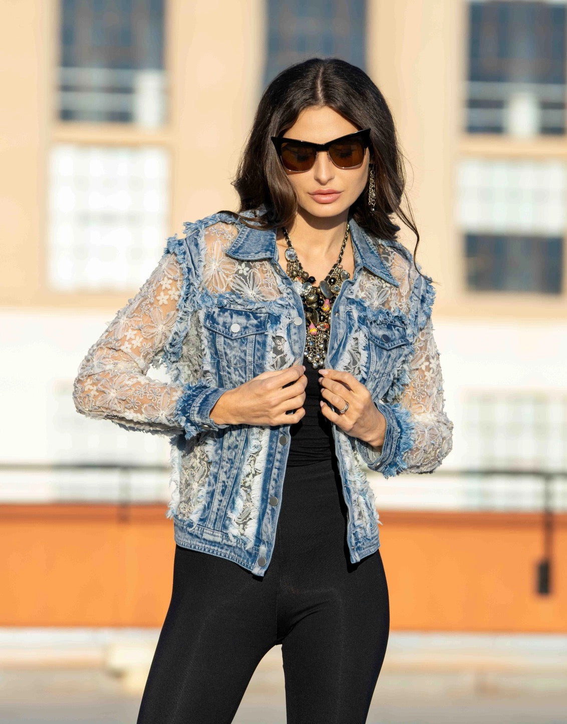 White Lace Embroidered Sheer Panel Denim Jacket