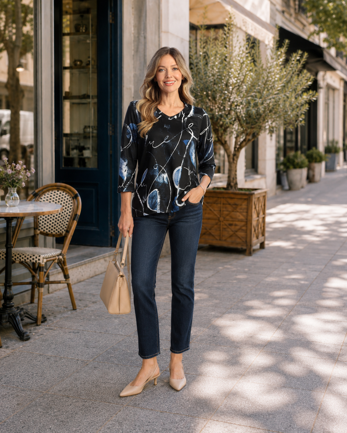 CALLIGRAPHY SOFT V-NECK TOP W/ SIDE SLITS (PRINT PLACEMENT MAY VARY)