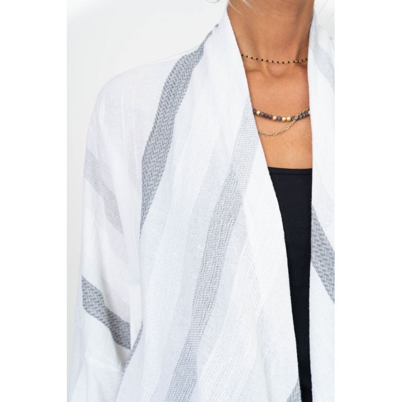 Soft Silver Grey Striped Cotton Drapey Open Front Cardigan