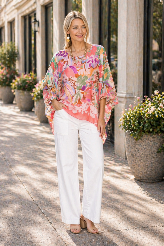 Fuchsia Summer Flowers Silk Blouse