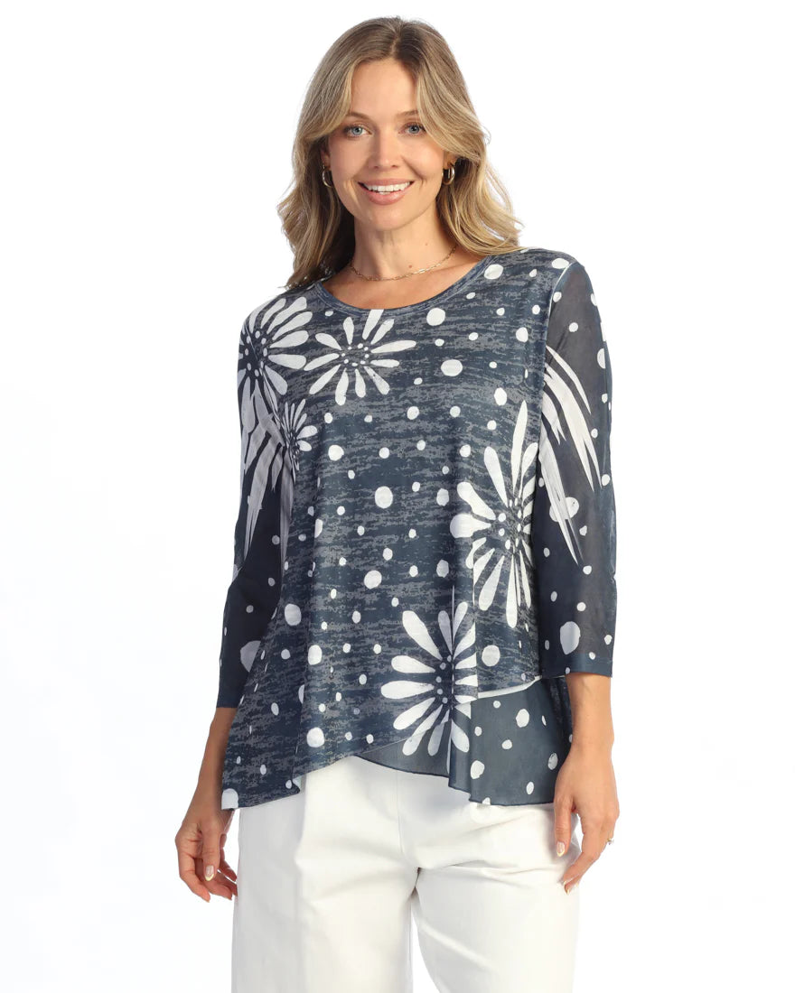 Evangeline Burnout Tunic Top with Mesh Sleeves & Layered Hem