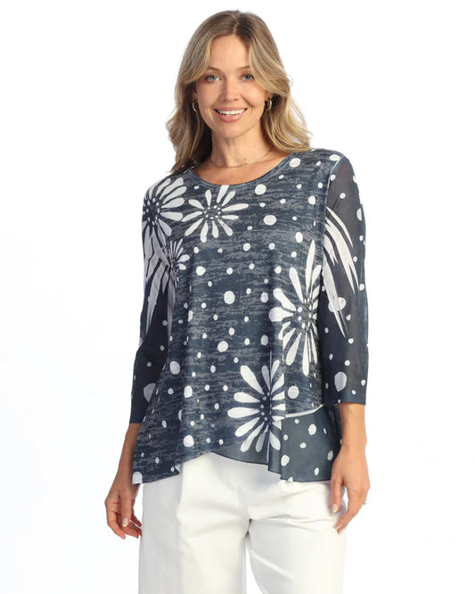 Evangeline Burnout Tunic Top with Mesh Sleeves & Layered Hem