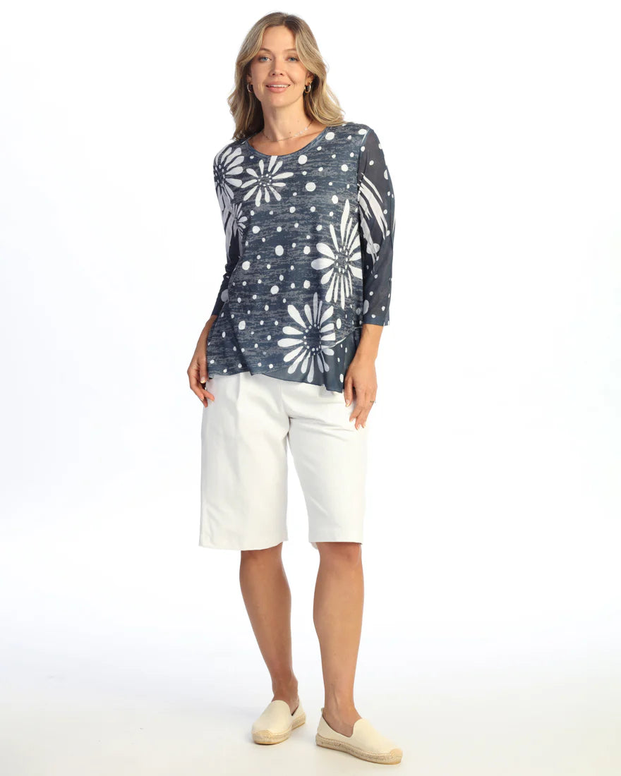 Evangeline Burnout Tunic Top with Mesh Sleeves & Layered Hem