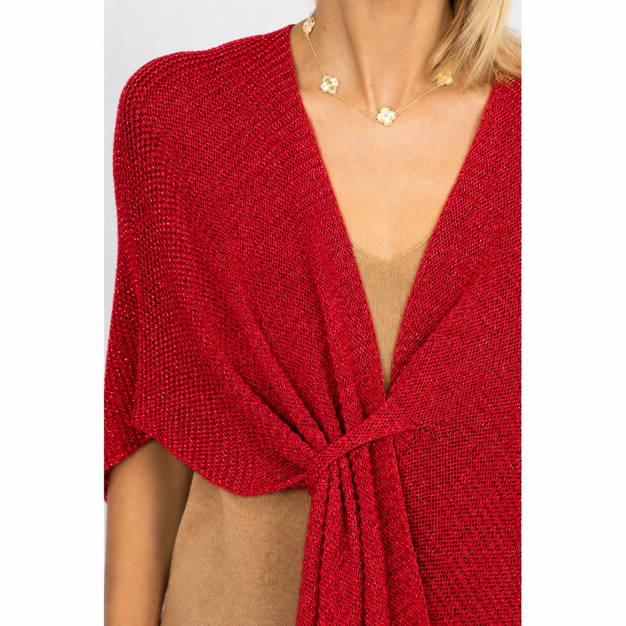 Red Shimmer Tie-Front Poncho