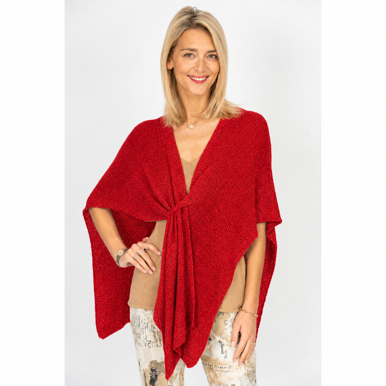 Red Shimmer Tie-Front Poncho