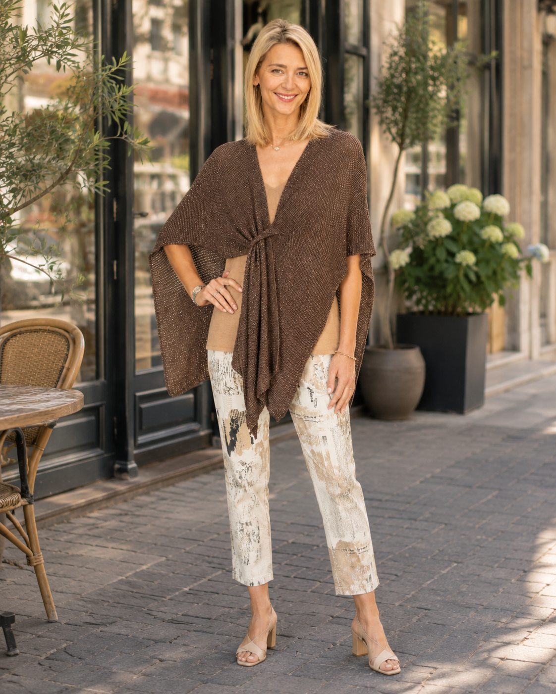 Chocolate Shimmer Tie-Front Poncho