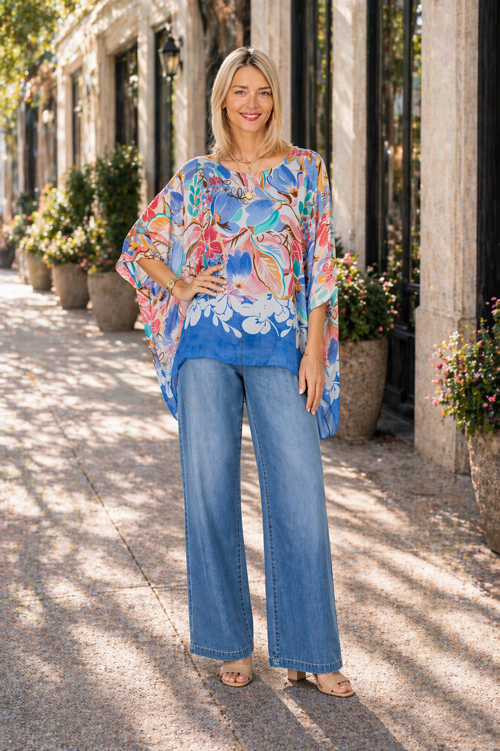 Blue Summer Flowers Silk Blouse