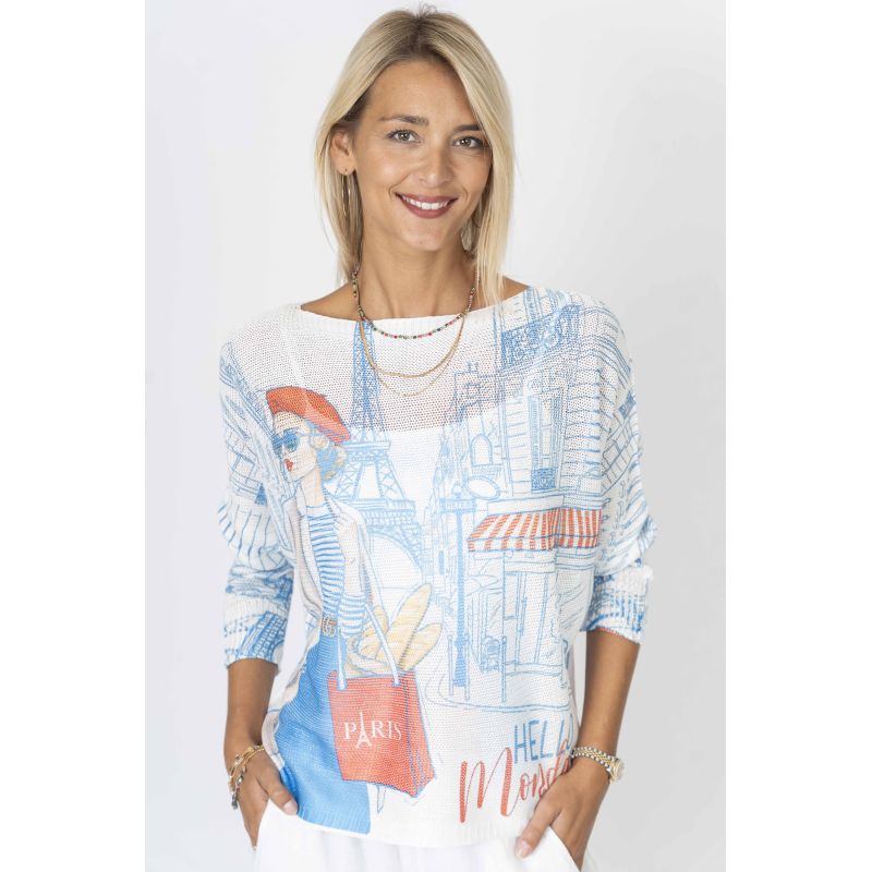 Paris Sketch Lightweight Sweater in Blue