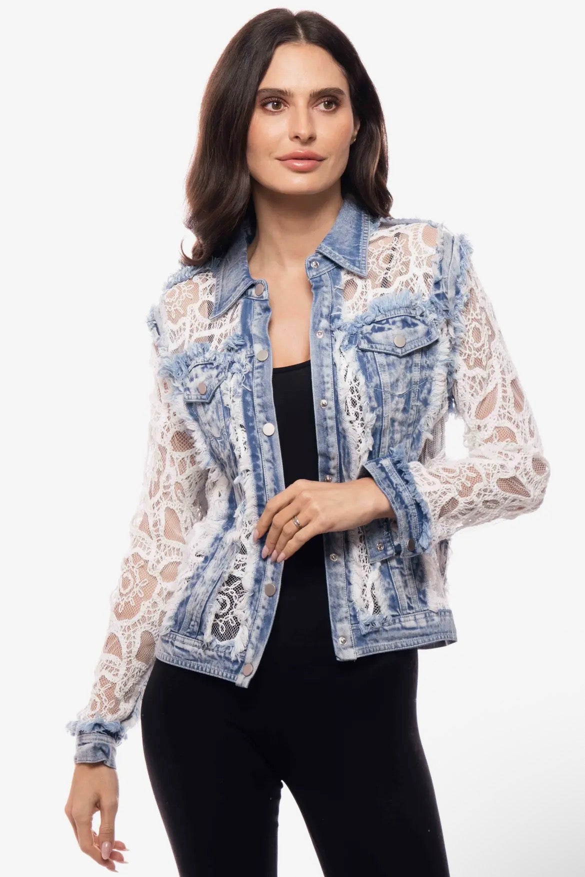White Lace Detail Denim Jacket