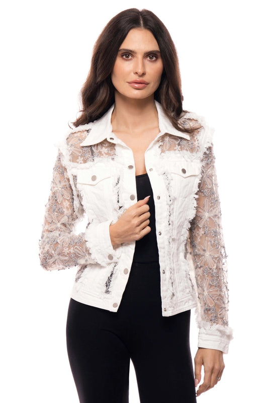 White & Silver Embroidered Sheer Panel White Denim Jacket