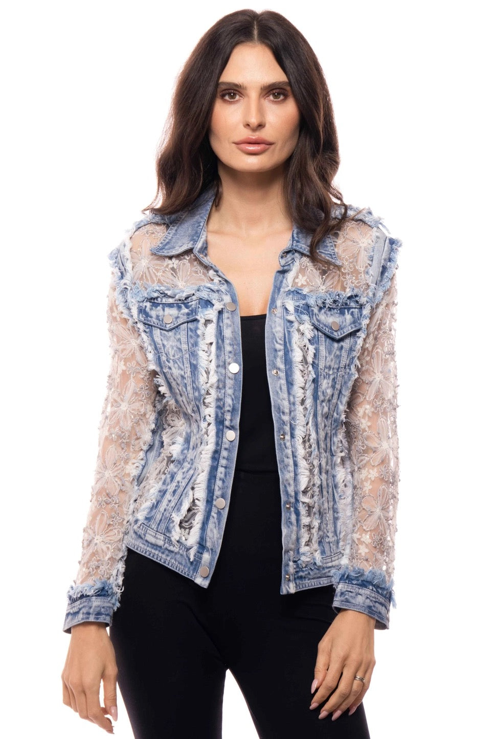 White Lace Embroidered Sheer Panel Denim Jacket