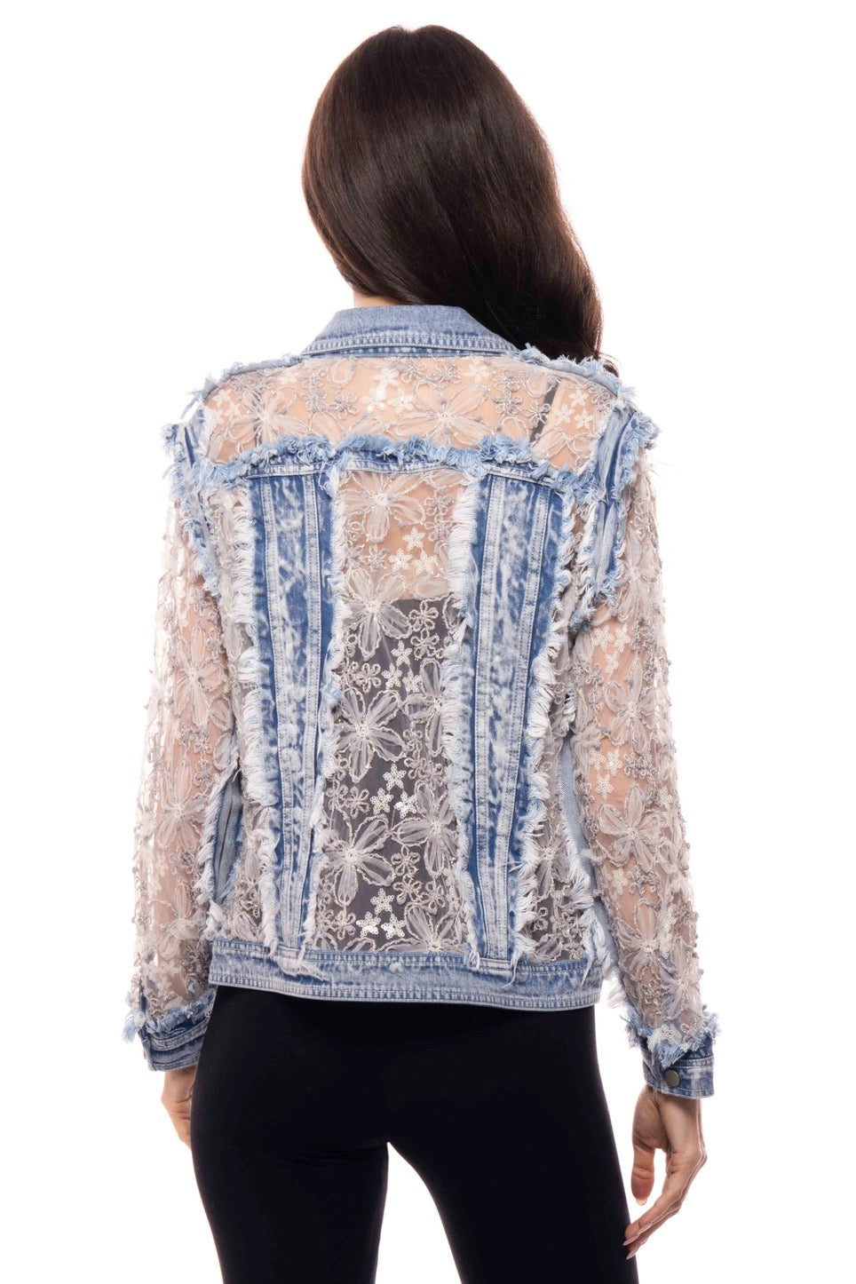 White Lace Embroidered Sheer Panel Denim Jacket