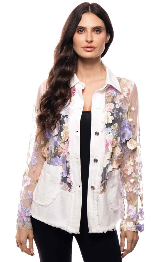 Embroidered Sheer Sleeve White Denim Blazer