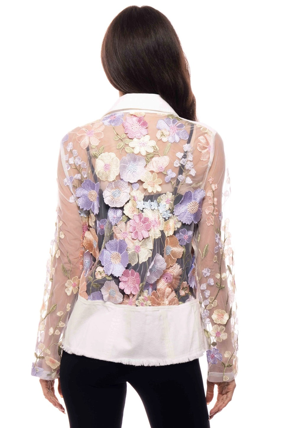 Embroidered Sheer Sleeve White Denim Blazer