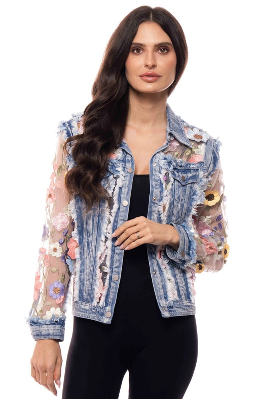 Pastel Floral Embroidered Sheer Panel Jacket