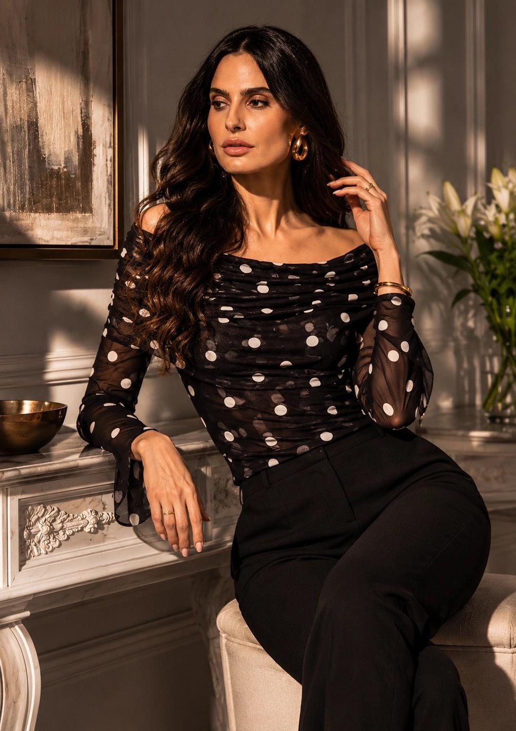 Midnight Polka Dot Sheer Overlay Top