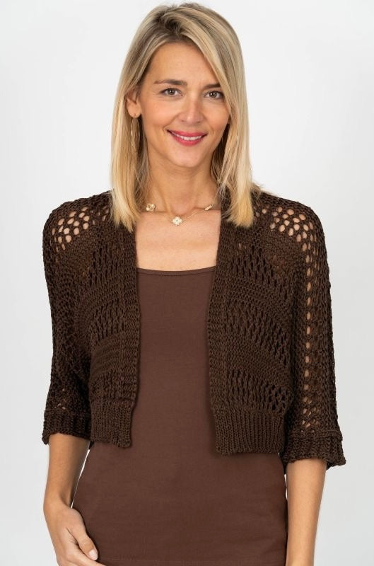 Chocolate Brown Open Knit Cropped Cardigan