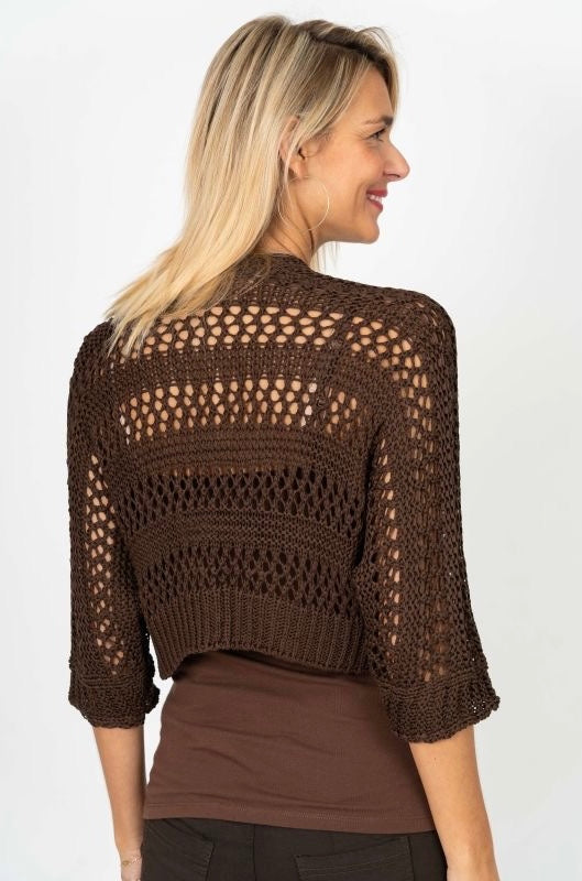 Chocolate Brown Open Knit Cropped Cardigan