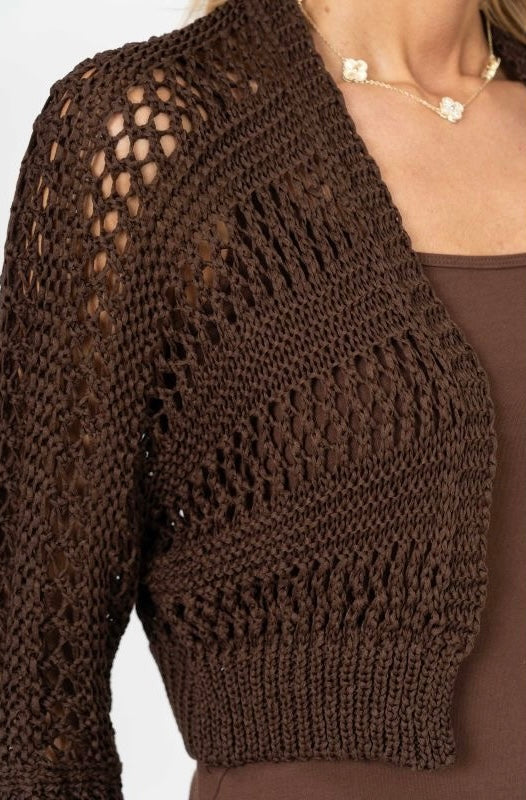 Chocolate Brown Open Knit Cropped Cardigan