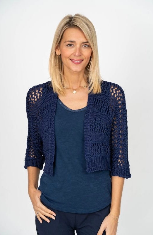 Navy Open Knit Cropped Cardigan