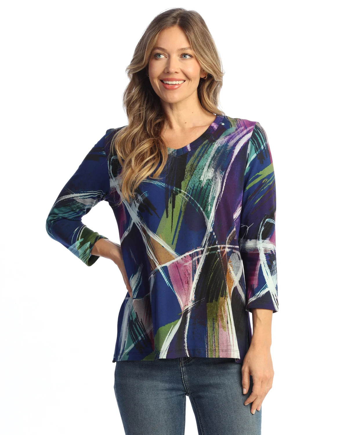 COMO COTTON SPANDEX ROUNDED V-NECK TOP W/ SIDE SLITS (PRINT PLACEMENT MAY VARY)