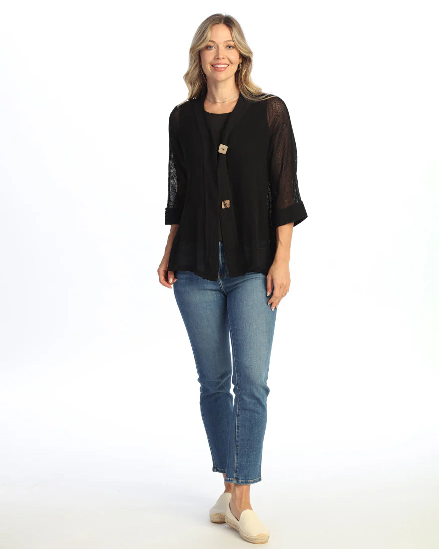 Jet Black Lightweight Mesh Button Cardigan