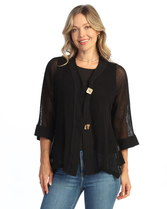 Jet Black Lightweight Mesh Button Cardigan