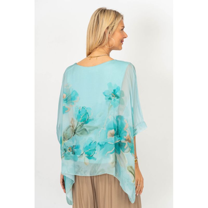 Turquoise Floral Printed Silk Blouse