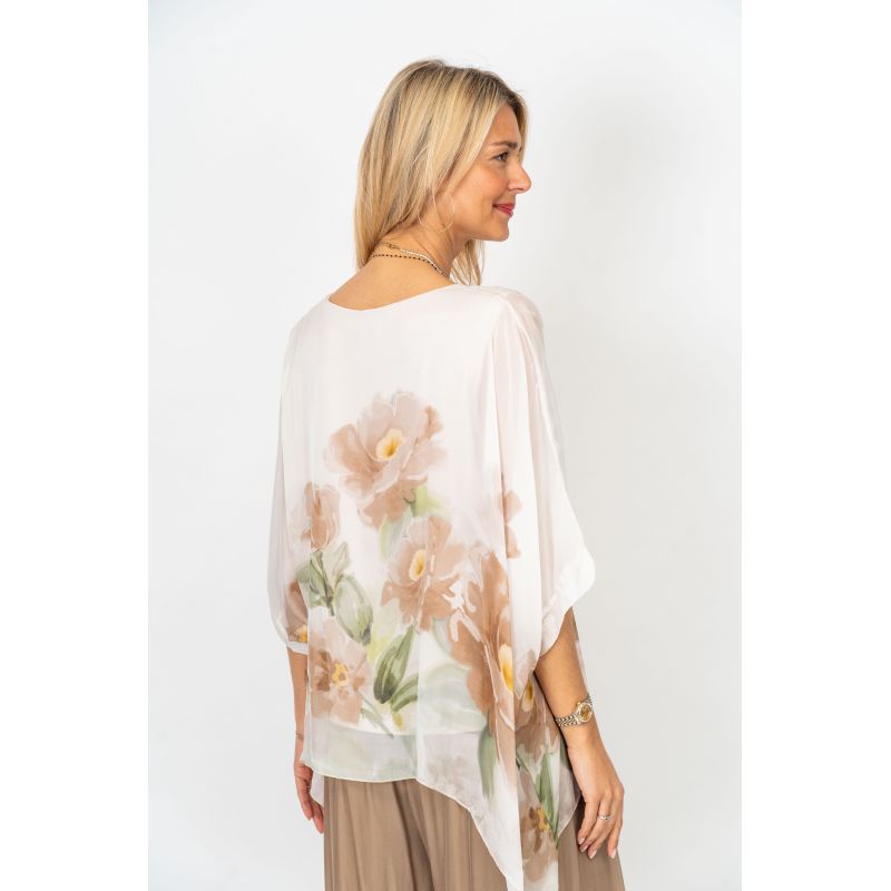 Beige Floral Printed Silk Blouse