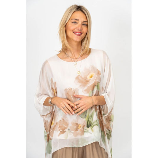 Beige Floral Printed Silk Blouse