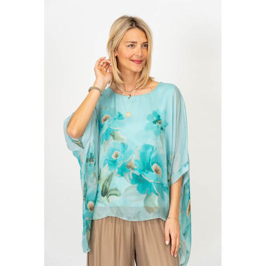 Turquoise Floral Printed Silk Blouse