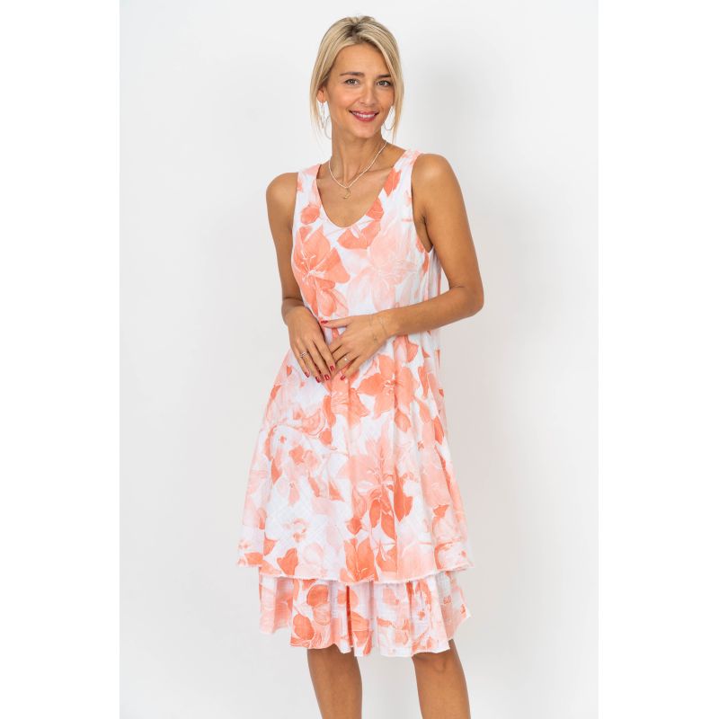Coral Floral Layered Sleeveless Dress