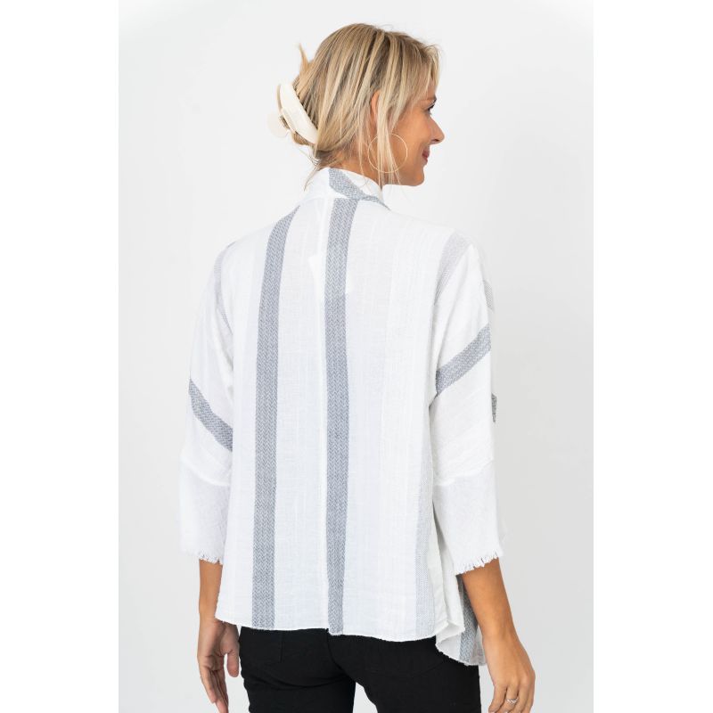 Soft Silver Grey Striped Cotton Drapey Open Front Cardigan