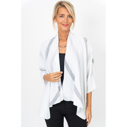 Soft Silver Grey Striped Cotton Drapey Open Front Cardigan