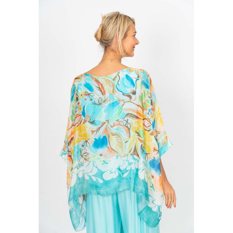Aqua Summer Flowers Printed Silk Blouse