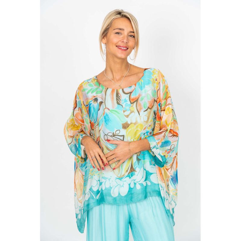 Aqua Summer Flowers Printed Silk Blouse