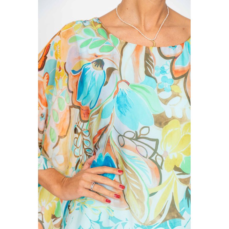 Aqua Summer Flowers Printed Silk Blouse