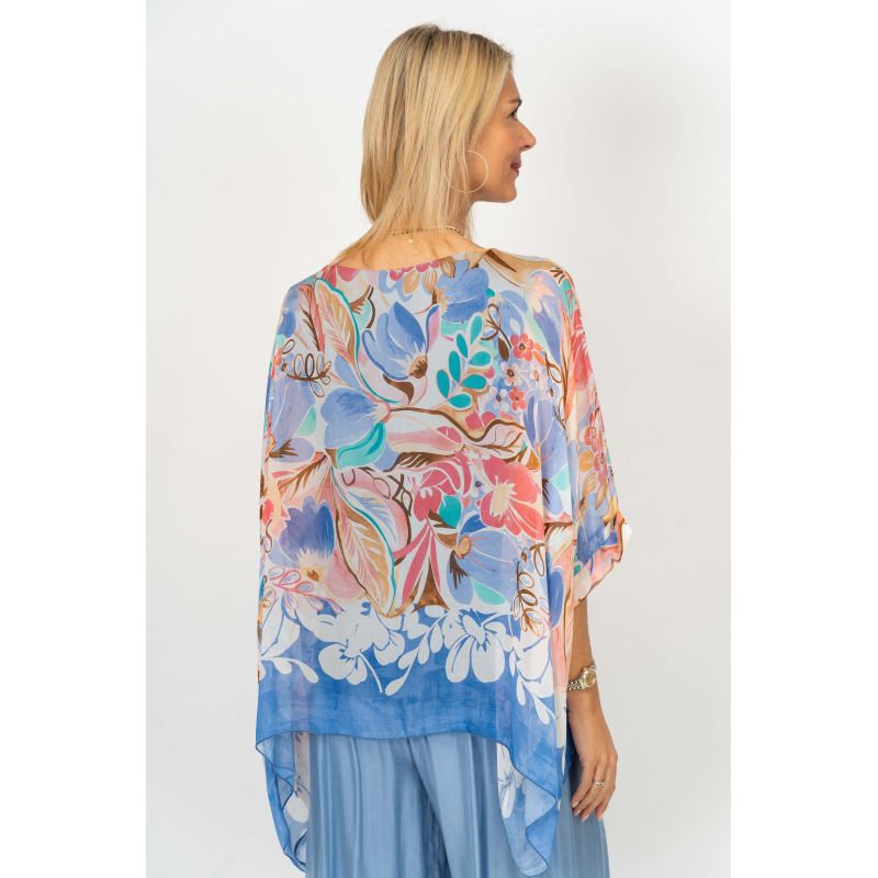 Blue Summer Flowers Silk Blouse