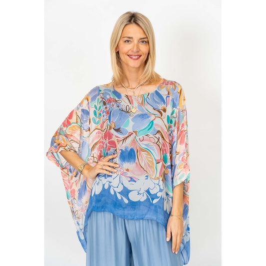 Blue Summer Flowers Silk Blouse