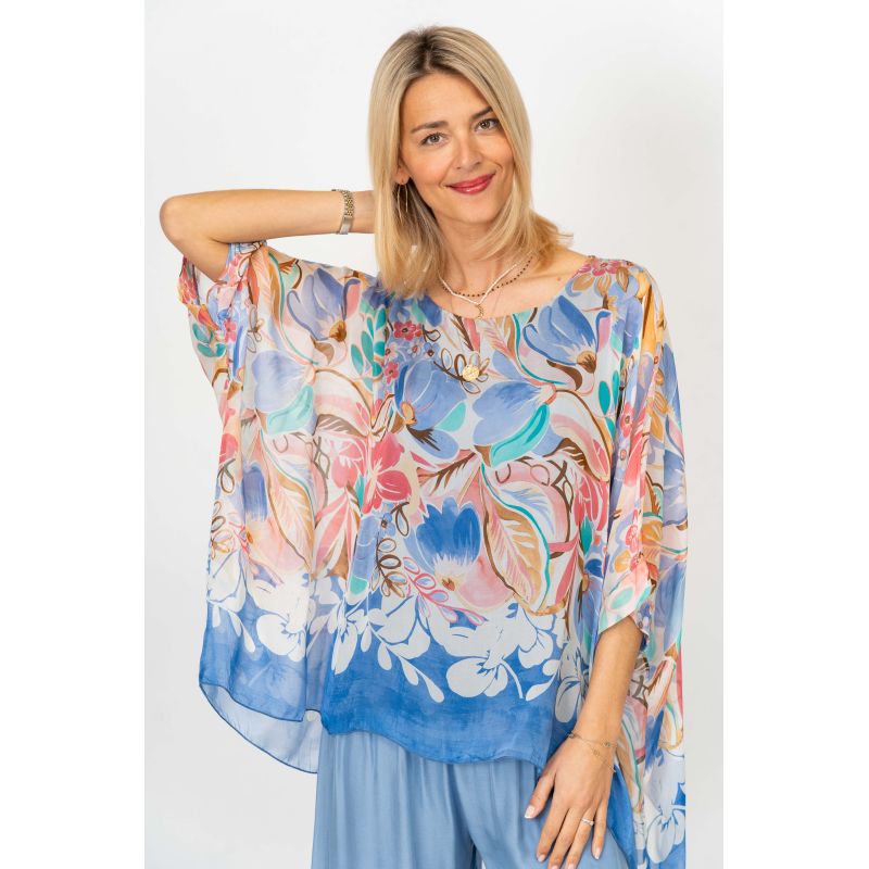 Blue Summer Flowers Silk Blouse