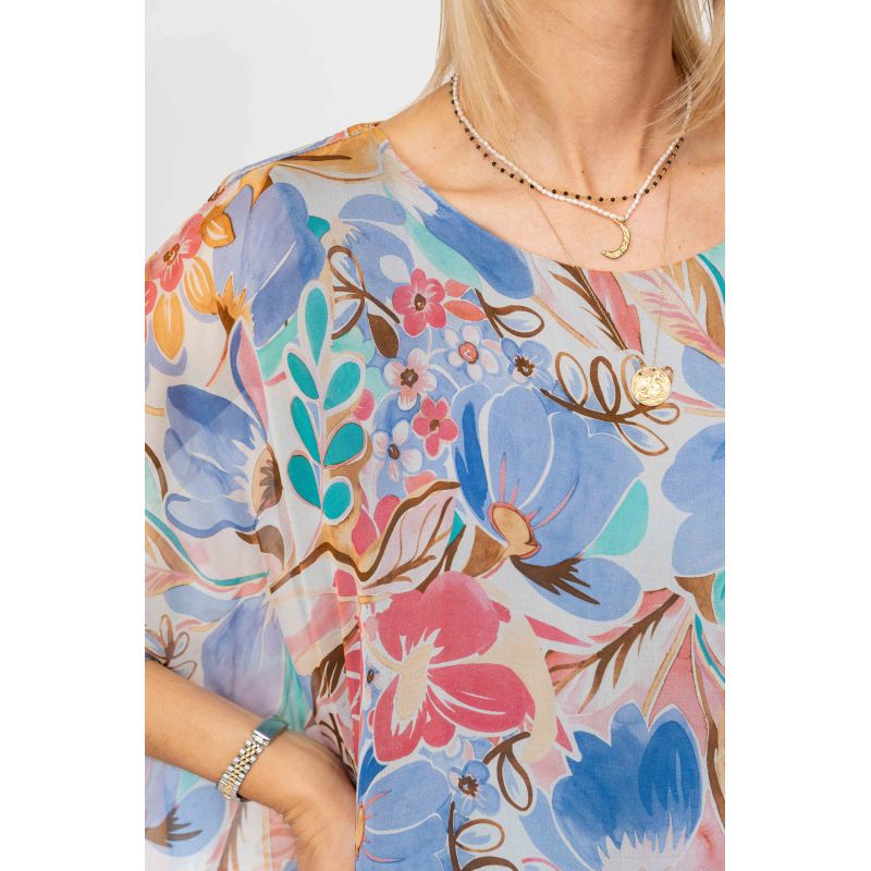 Blue Summer Flowers Silk Blouse