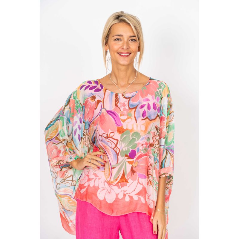 Fuchsia Summer Flowers Silk Blouse